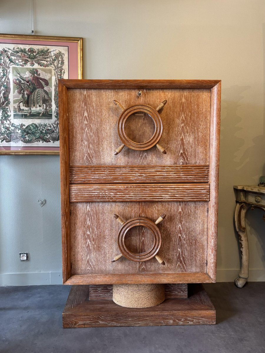 Bar Cabinet Made Of Rope And Whitewashed Oak, By Adrien Audoux And Frida Minet, France, 1940s.