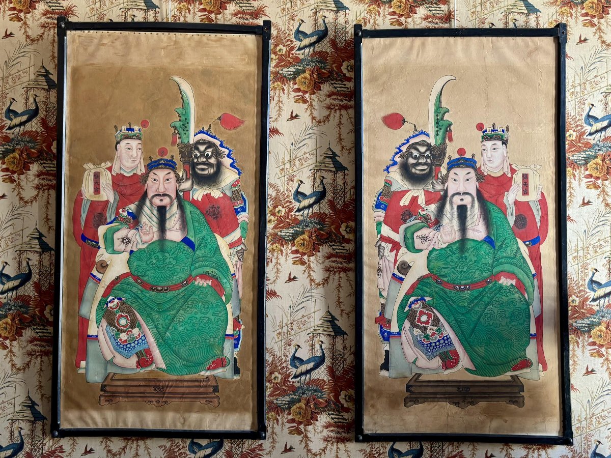 Paire de peintures chinoises de divinités protectrices de porte, fin XIXe siècle-photo-3