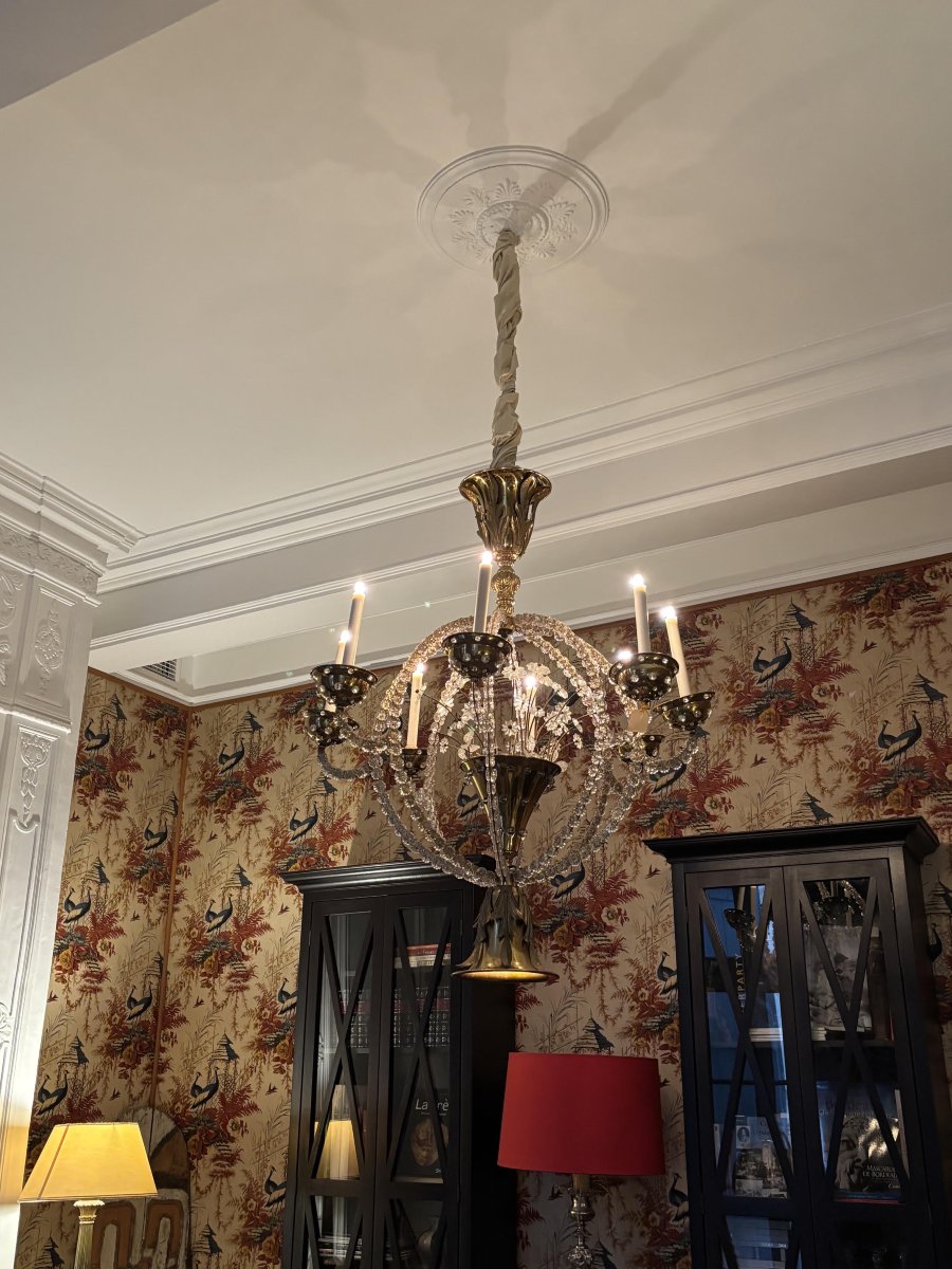 Lustre en laiton et verre, circa 1940-photo-2