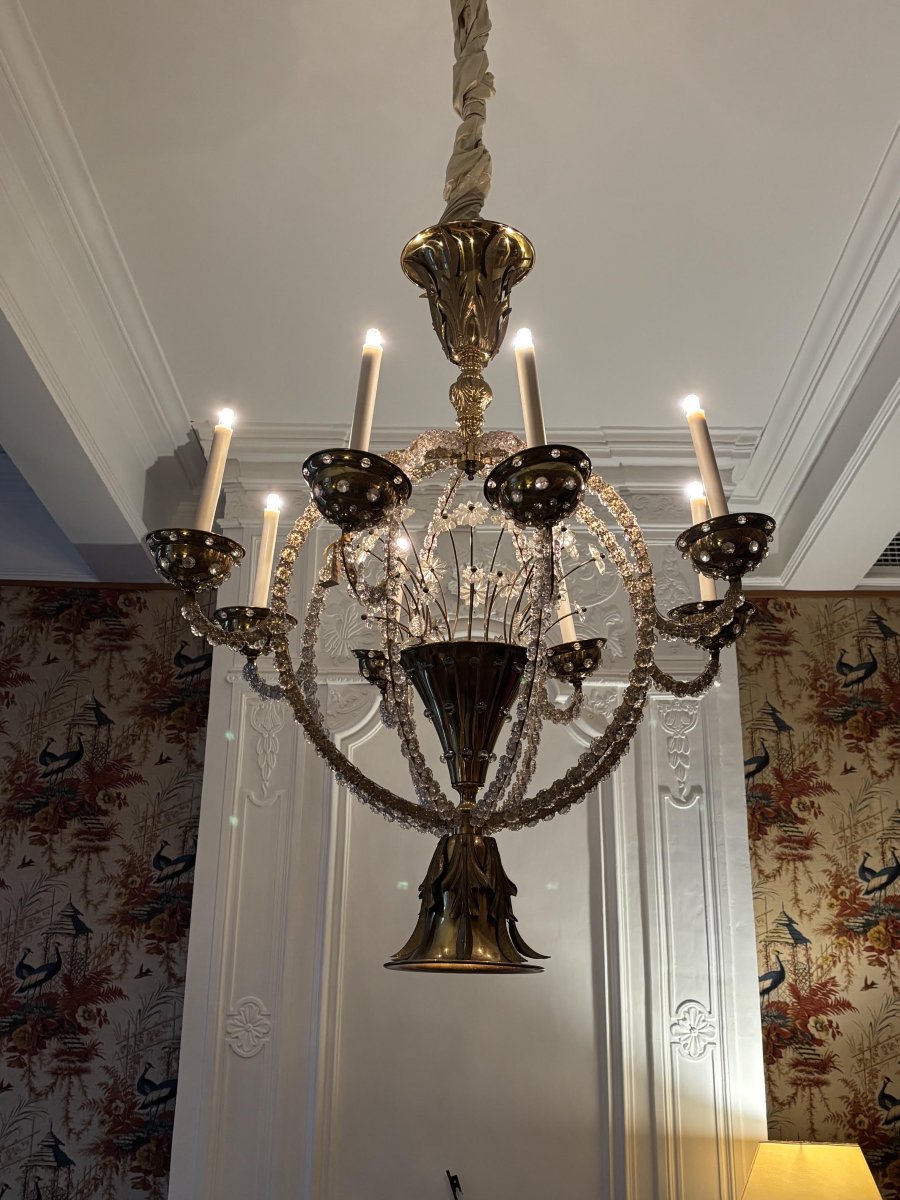 Lustre en laiton et verre, circa 1940-photo-1
