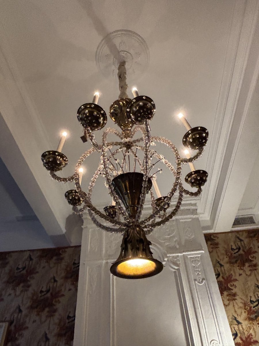Lustre en laiton et verre, circa 1940-photo-7