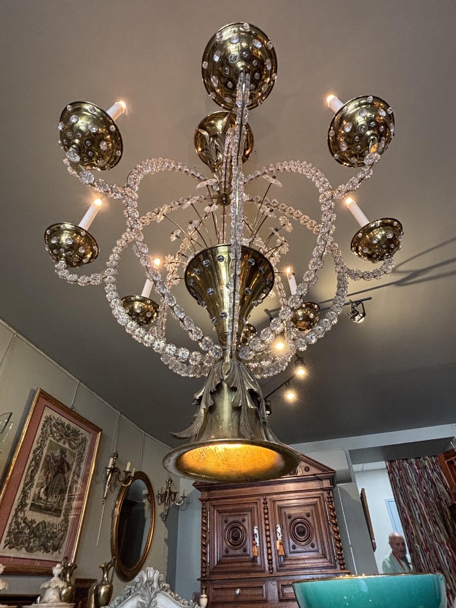 Lustre en laiton et verre, circa 1940