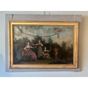Paire de Hauts de porte, scène champêtre, huile sur toile Italie XVIIIe siècle