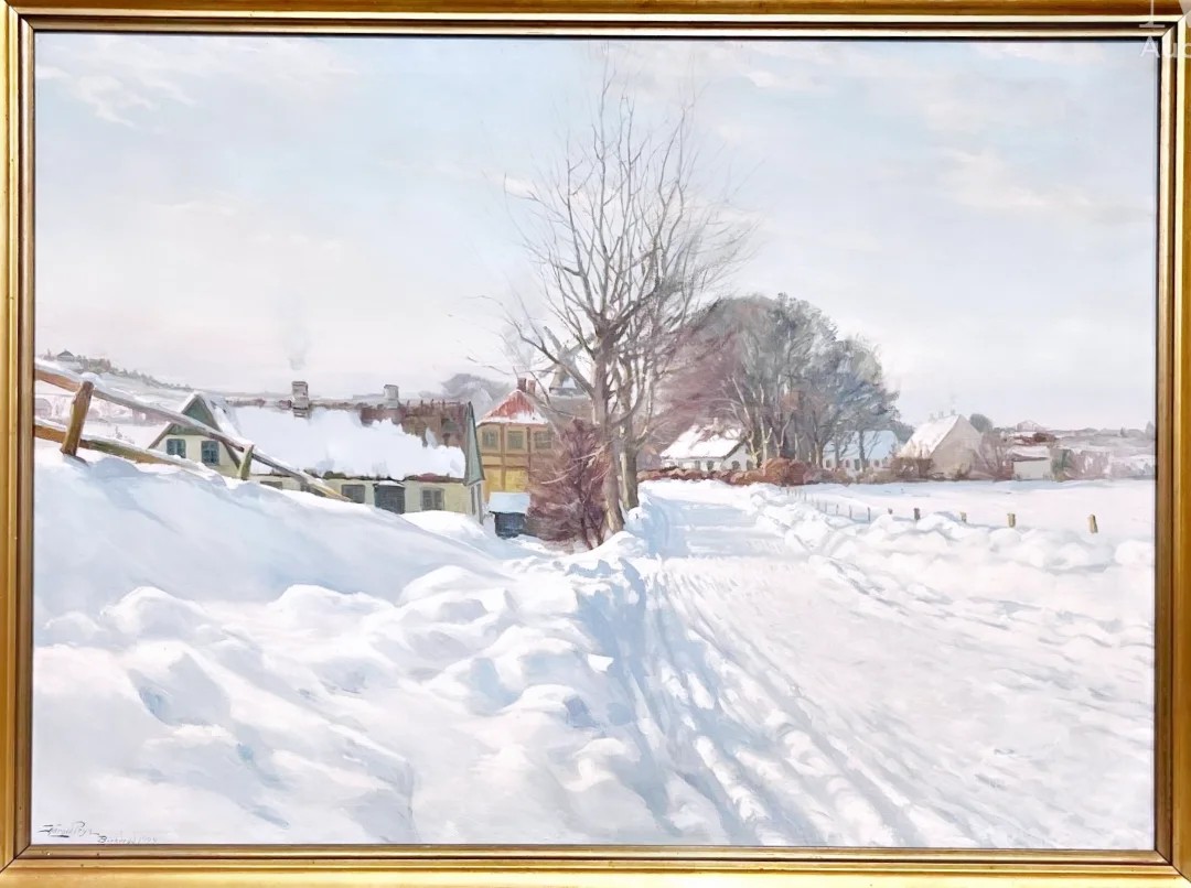 Hst-Paysage de neige - Danemark-  97x70 cms