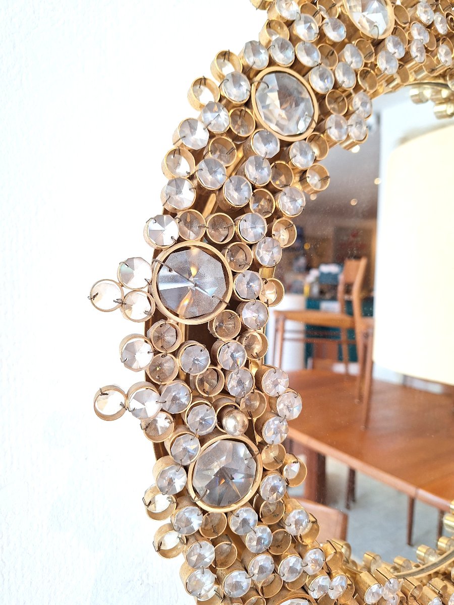 Round Backlit Mirror, Brass And Crystals. -photo-2