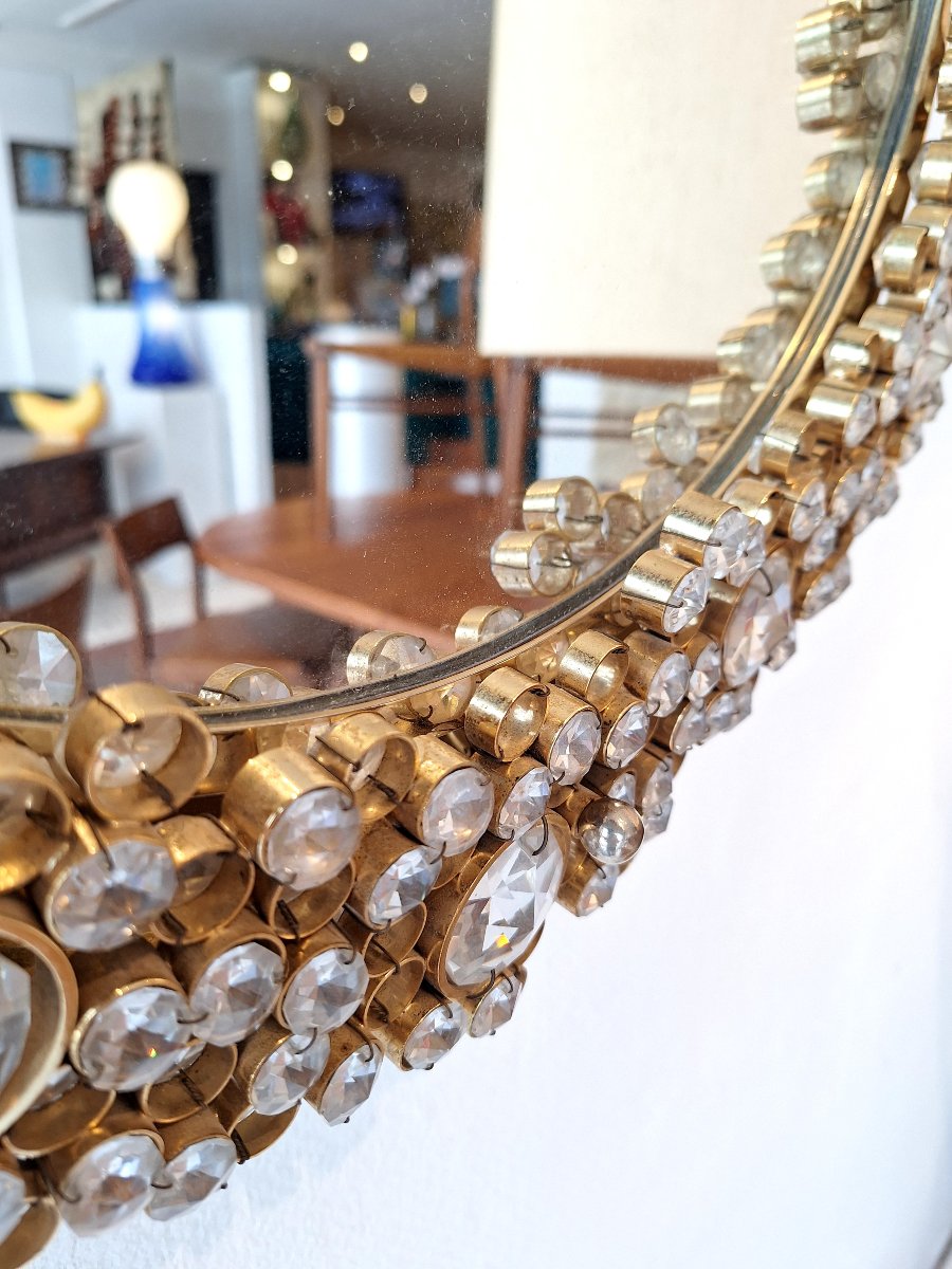 Round Backlit Mirror, Brass And Crystals. -photo-3