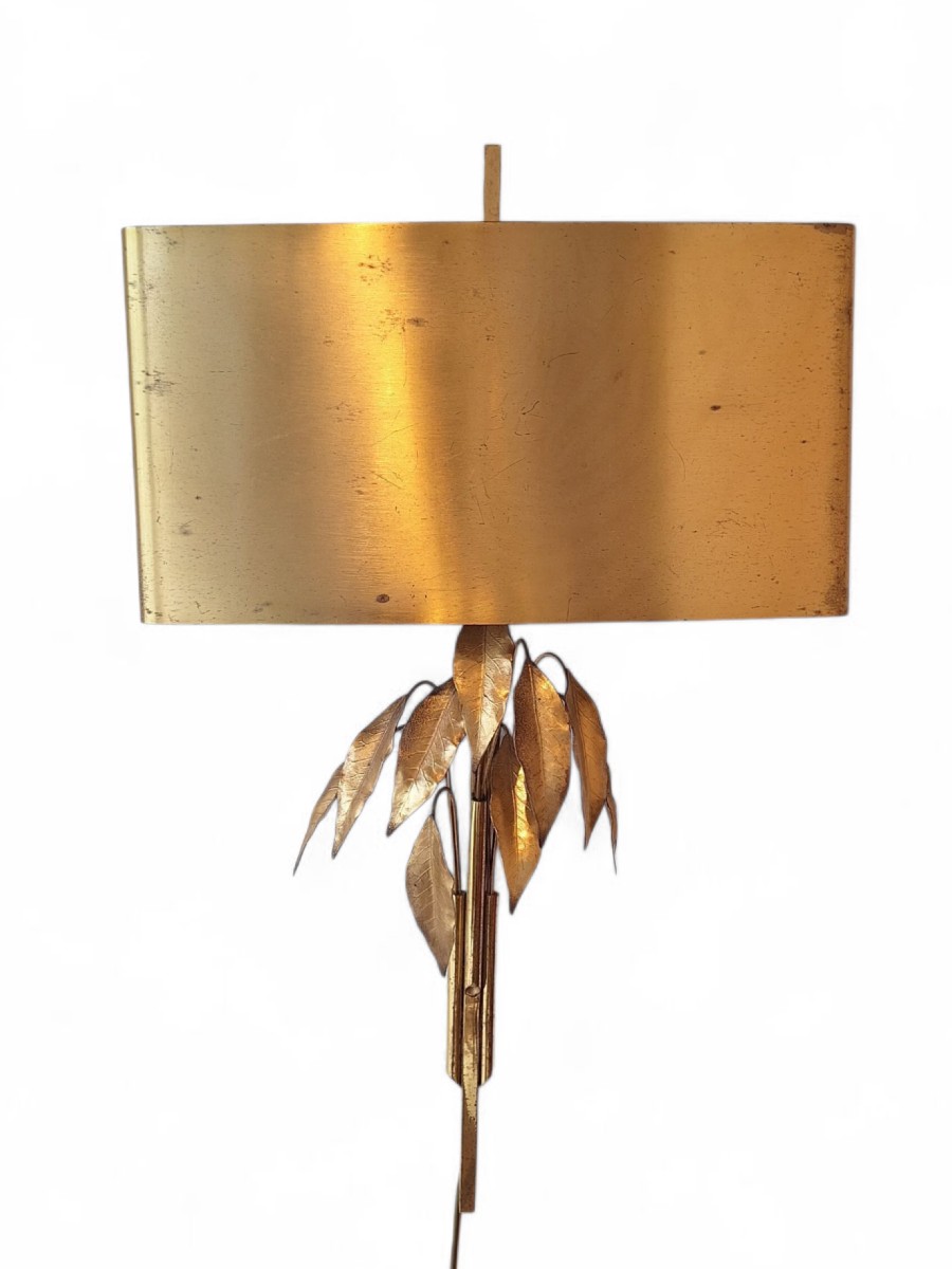 Wall Lamp With Laurel Leaves And Golden Metal Lampshade, In The Style Of Maison Charles.