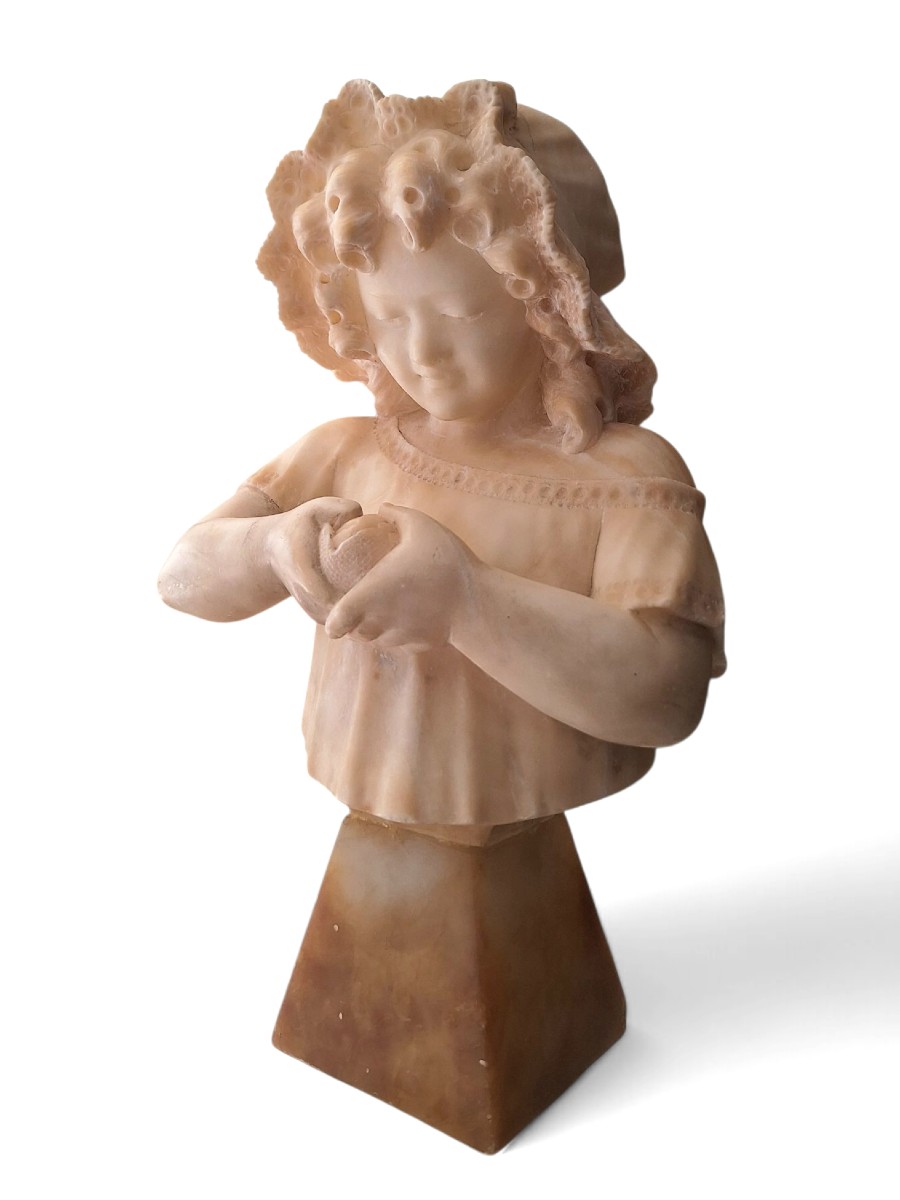 Little Girl Peeling A Fruit, Alabaster Bust