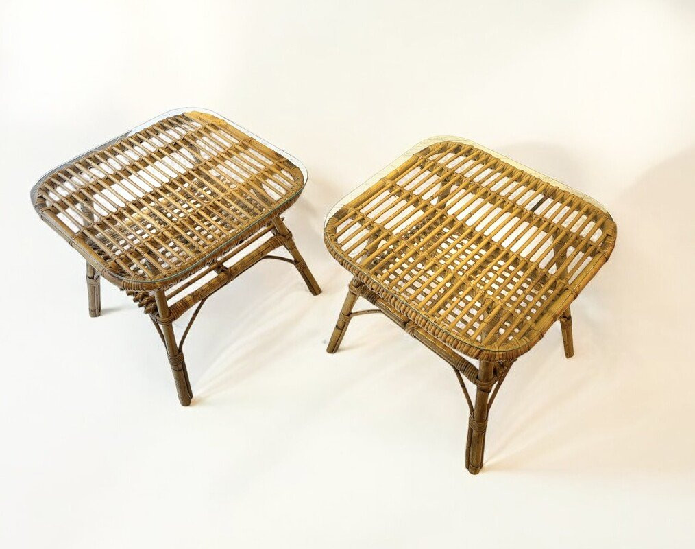 Paire de bouts de canapé bambou et verre par Louis Sognot-photo-2