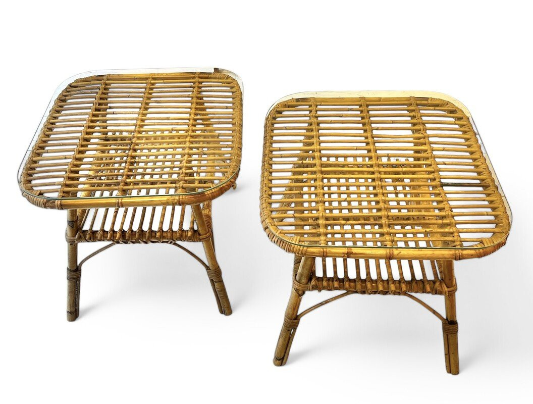 Paire de bouts de canapé bambou et verre par Louis Sognot-photo-3