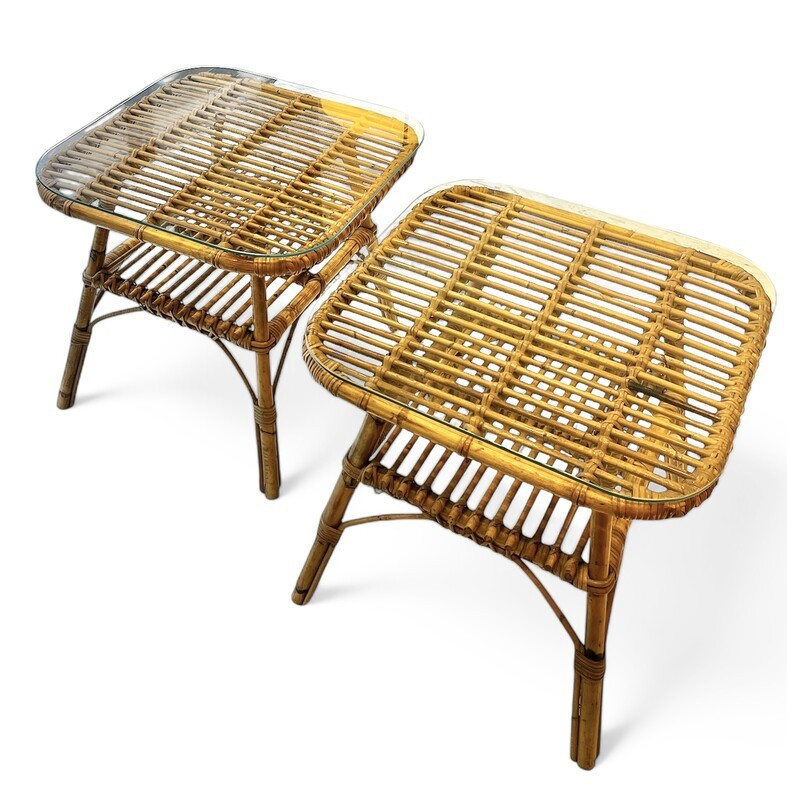 Paire de bouts de canapé bambou et verre par Louis Sognot