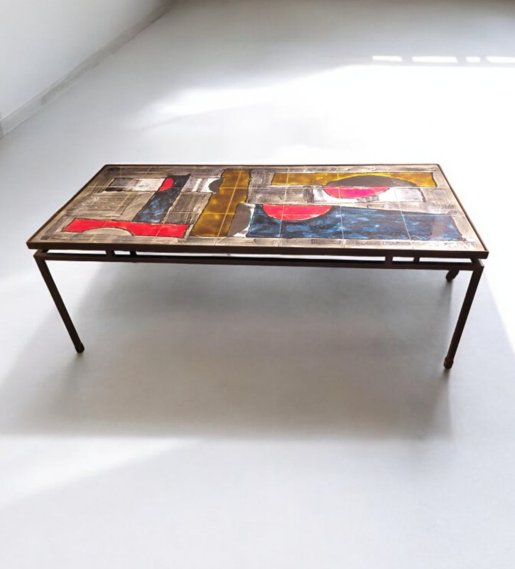 Table basse fer forgé et céramique émaillée 1960 signé Belarti-photo-2
