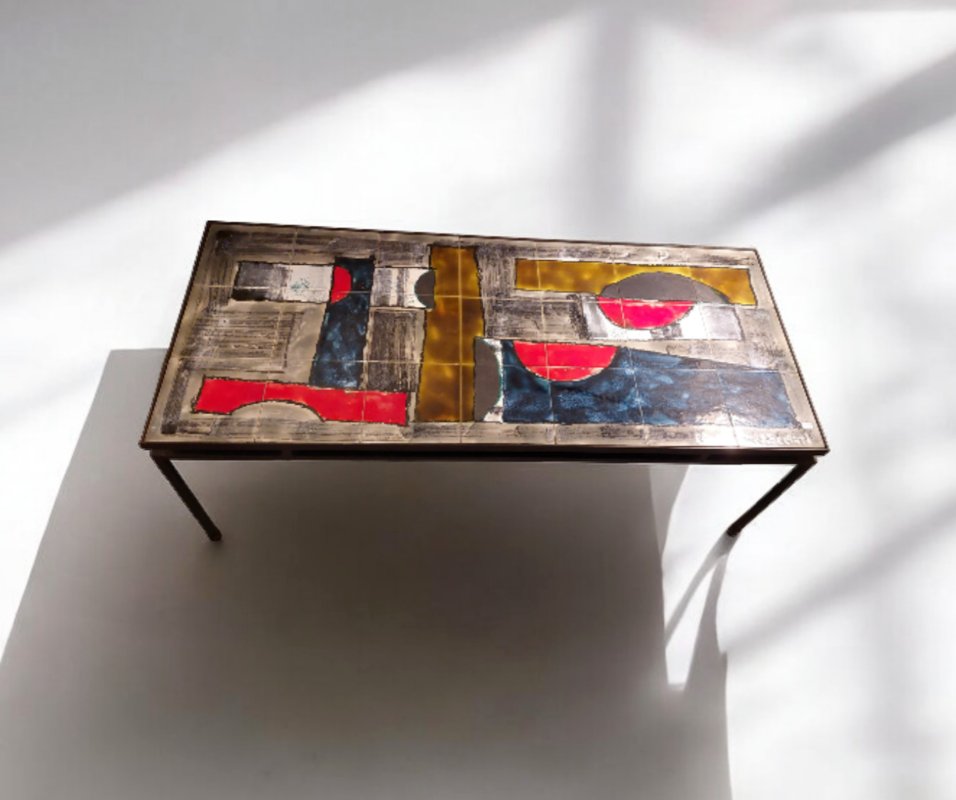 Table basse fer forgé et céramique émaillée 1960 signé Belarti-photo-3