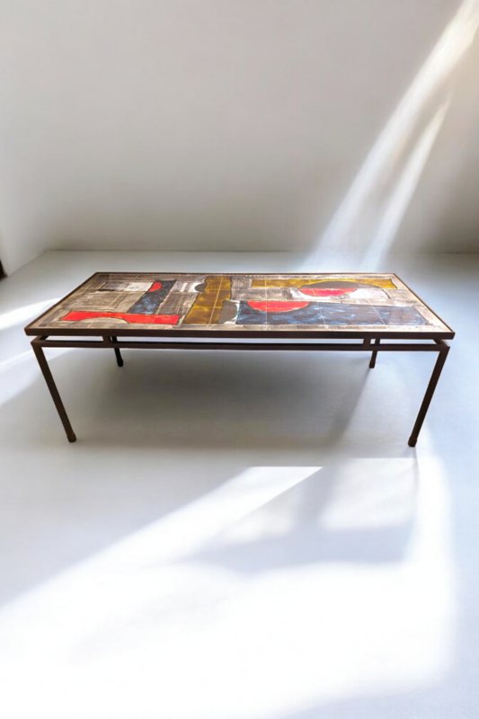 Table basse fer forgé et céramique émaillée 1960 signé Belarti-photo-4