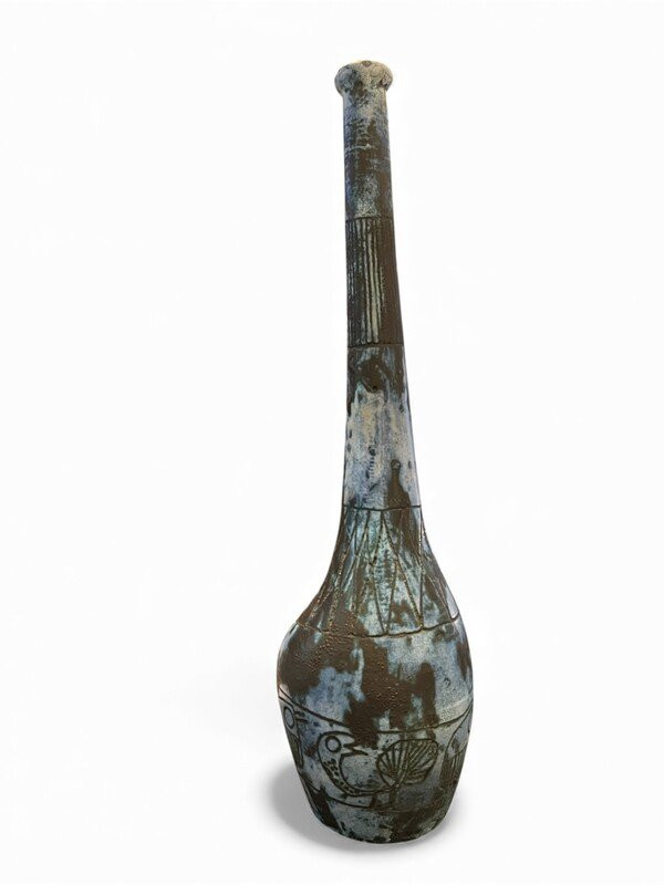 Grand vase bouteille céramique scarifiée et émaillée à motifs signé Jacques Blin-photo-3
