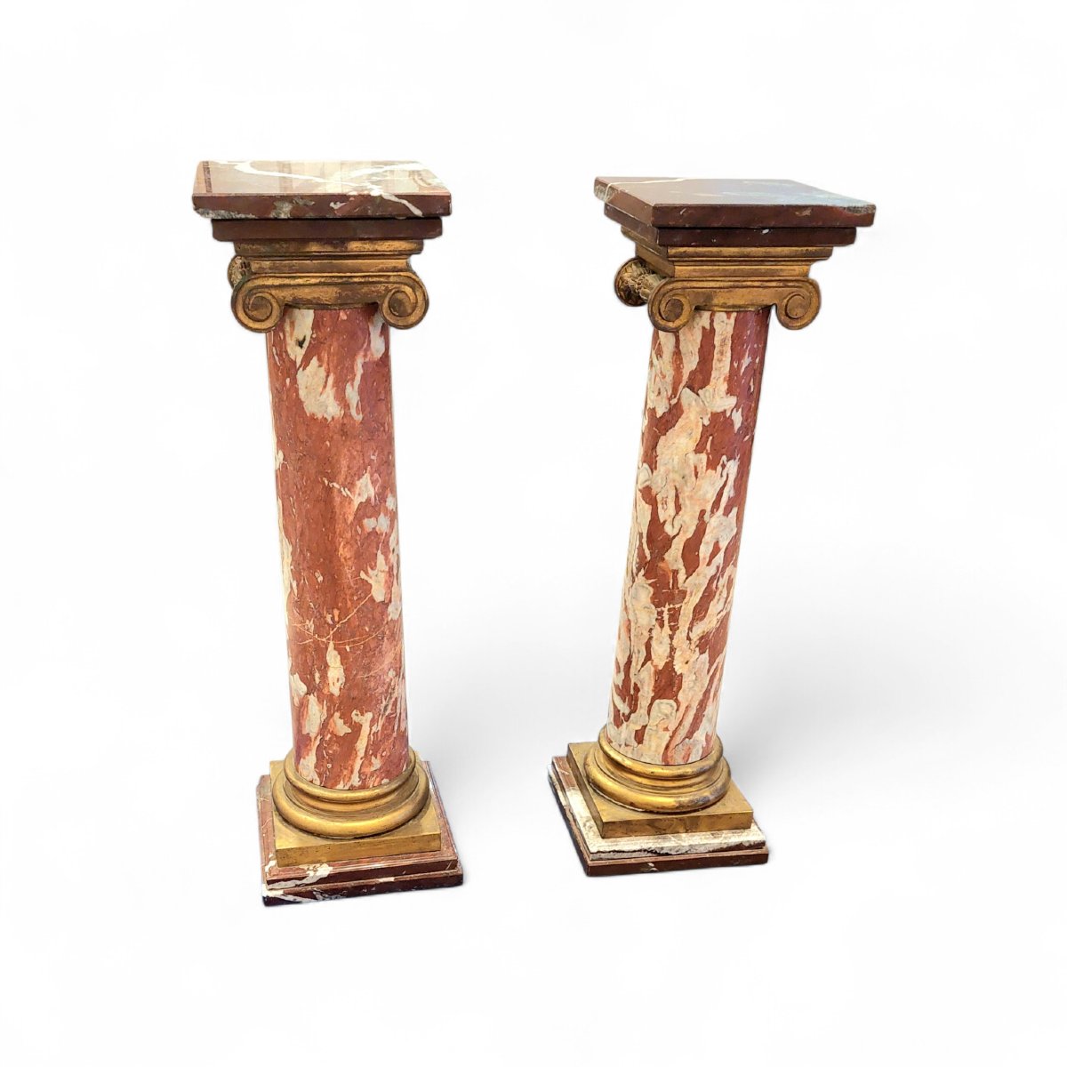 Paire de colonnes marbre veiné rouge, socle et chapiteaux en bronze doré Ca 1900-photo-2