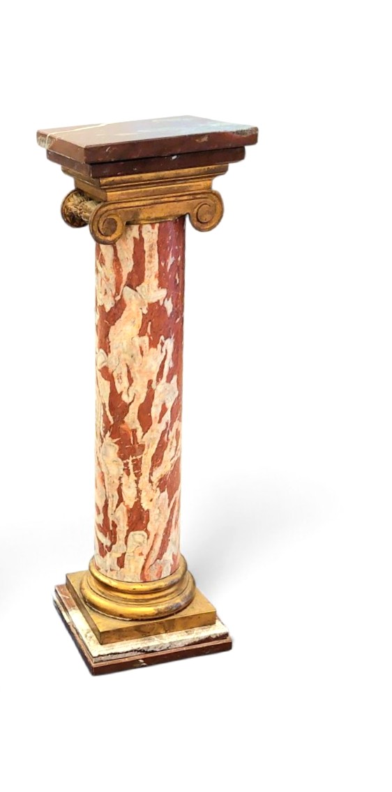 Red Veined Marble Columns, Base And Capital In Gilt Bronze, Circa 1900-photo-2