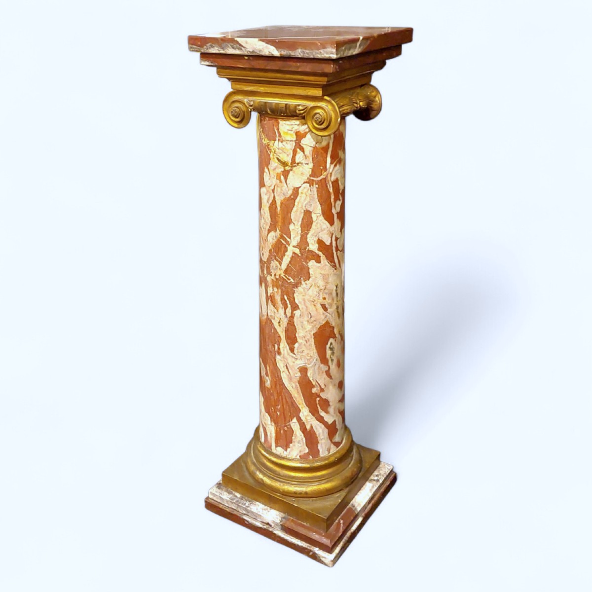 Red Veined Marble Columns, Base And Capital In Gilt Bronze, Circa 1900