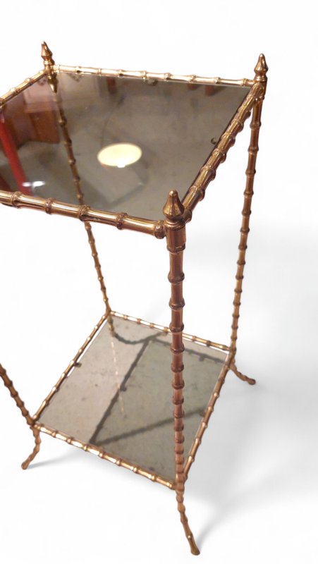 Side Table With Two Smoked Glass Tops, In Faux Bamboo Gilt Bronze, Maison Baguès, 1960s-photo-2