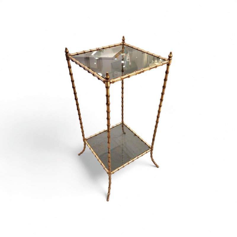 Side Table With Two Smoked Glass Tops, In Faux Bamboo Gilt Bronze, Maison Baguès, 1960s-photo-3