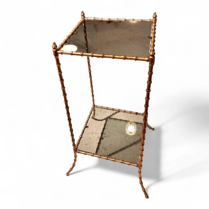 Side Table With Two Smoked Glass Tops, In Faux Bamboo Gilt Bronze, Maison Baguès, 1960s-photo-4