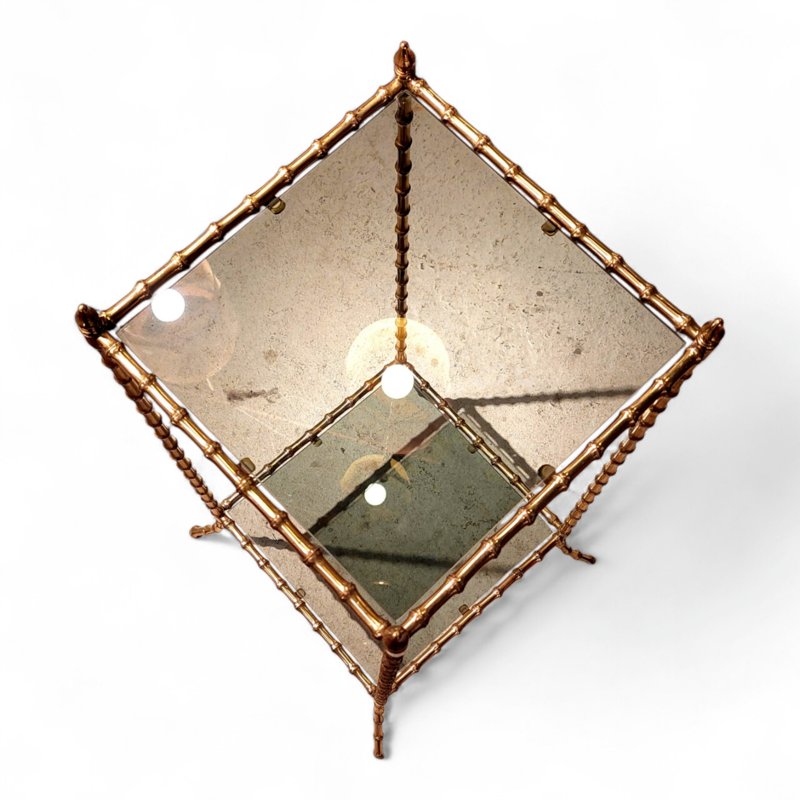 Side Table With Two Smoked Glass Tops, In Faux Bamboo Gilt Bronze, Maison Baguès, 1960s-photo-1