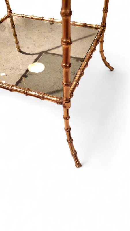 Side Table With Two Smoked Glass Tops, In Faux Bamboo Gilt Bronze, Maison Baguès, 1960s-photo-2