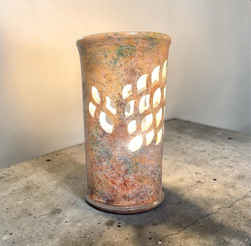 Openwork Glazed Ceramic Table Lamp By Bernard Buffat For La Grange Aux Potiers, 1970