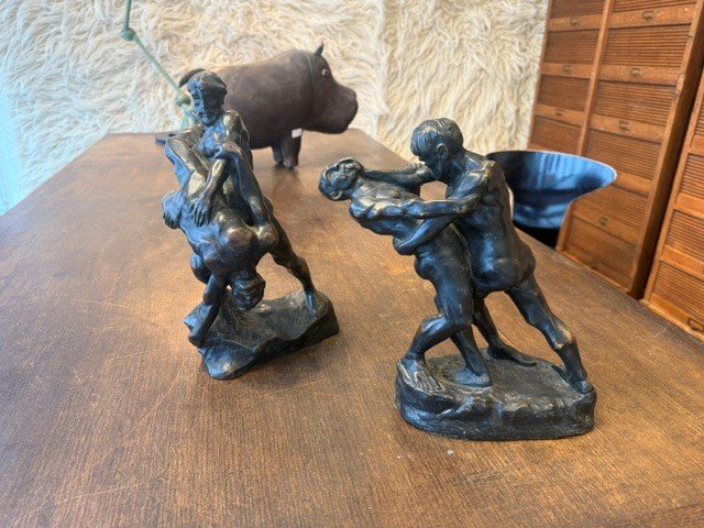 Pair Of Bronze "wrestlers" By Jef Lambeaux-photo-1
