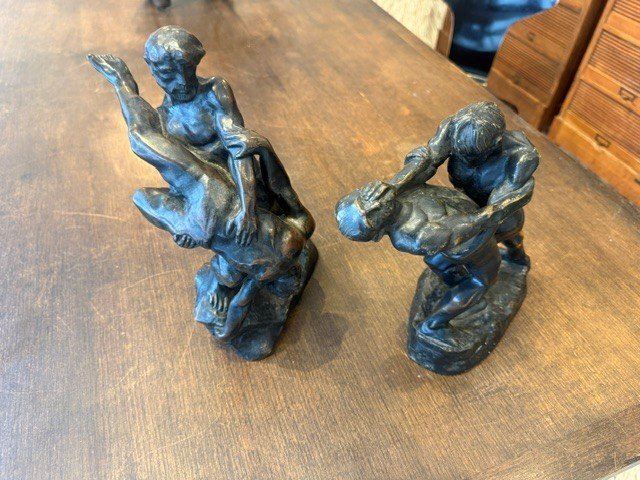 Pair Of Bronze "wrestlers" By Jef Lambeaux-photo-2