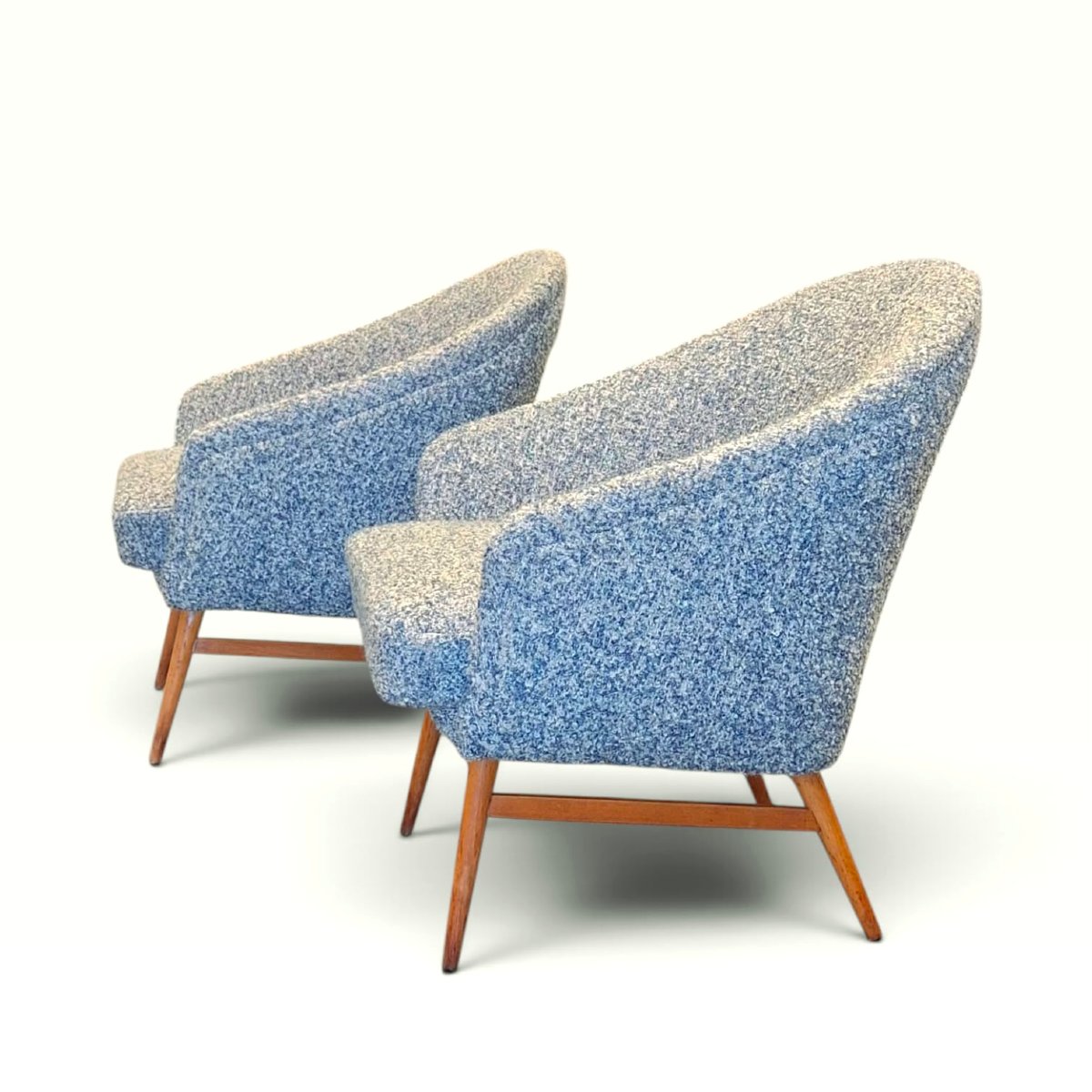 Pair Of Armchairs From The 1950s/1960s, Reupholstered In Blue Fabric-photo-1