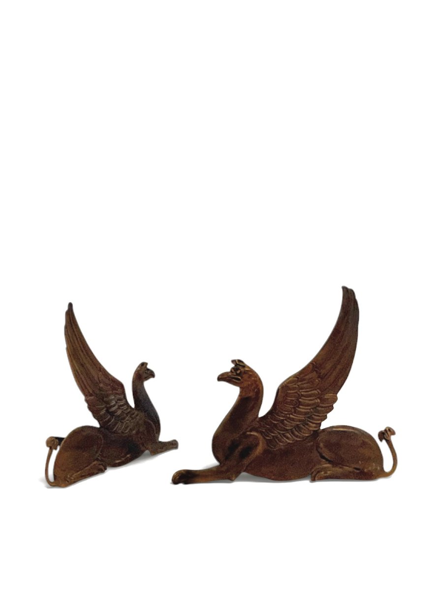 Paire de chenets decor de griffons du XIXe siècle en bronze et fer forgé