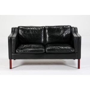 Black Leather Sofa In The Style Of Borge Mogensen, Denmark 1980s