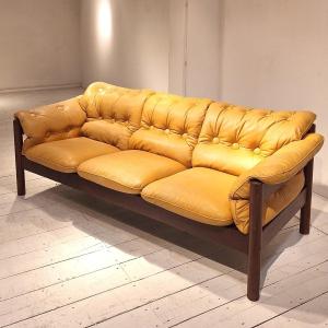 Scandinavian Design Sofa From The 1960s Ocher Leather And Wood