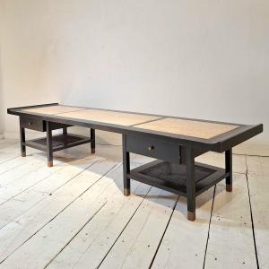 American Coffee Table Black Lacquered Wood And Travertine