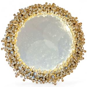 Round Backlit Mirror, Brass And Crystals. 