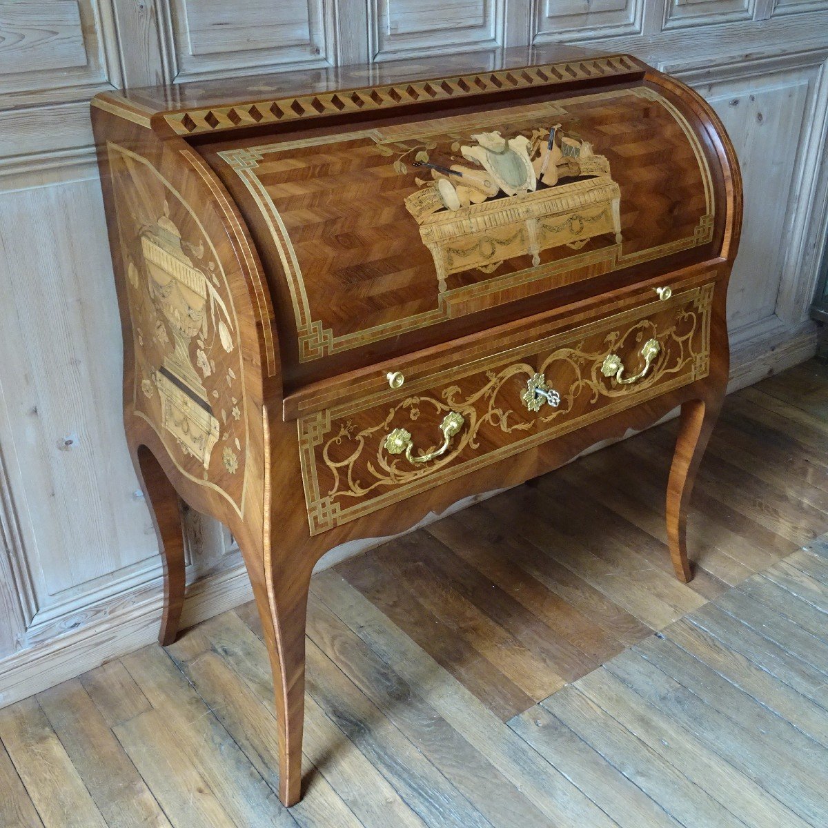 Cylinder Desk In Marquetry From The Louis XV - Louis XVI Transition Period-photo-3