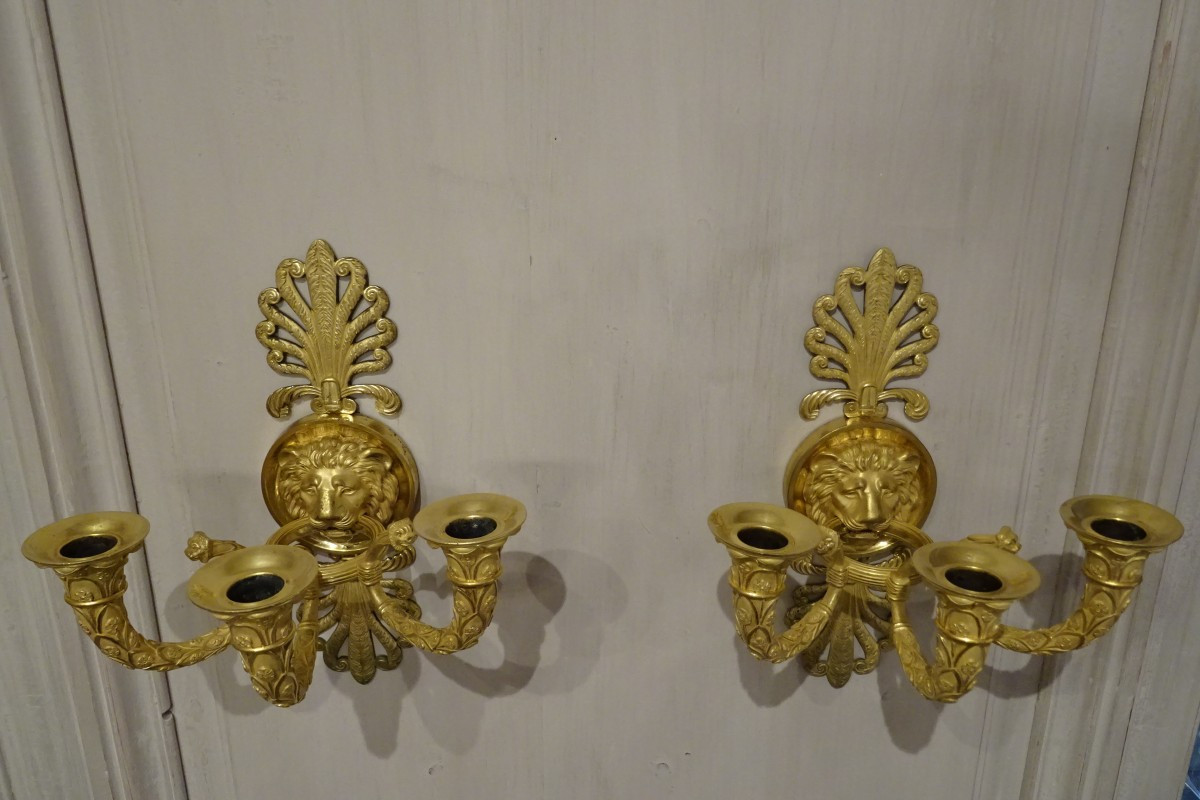 Paire d'appliques en bronze doré d'époque Empire-photo-2