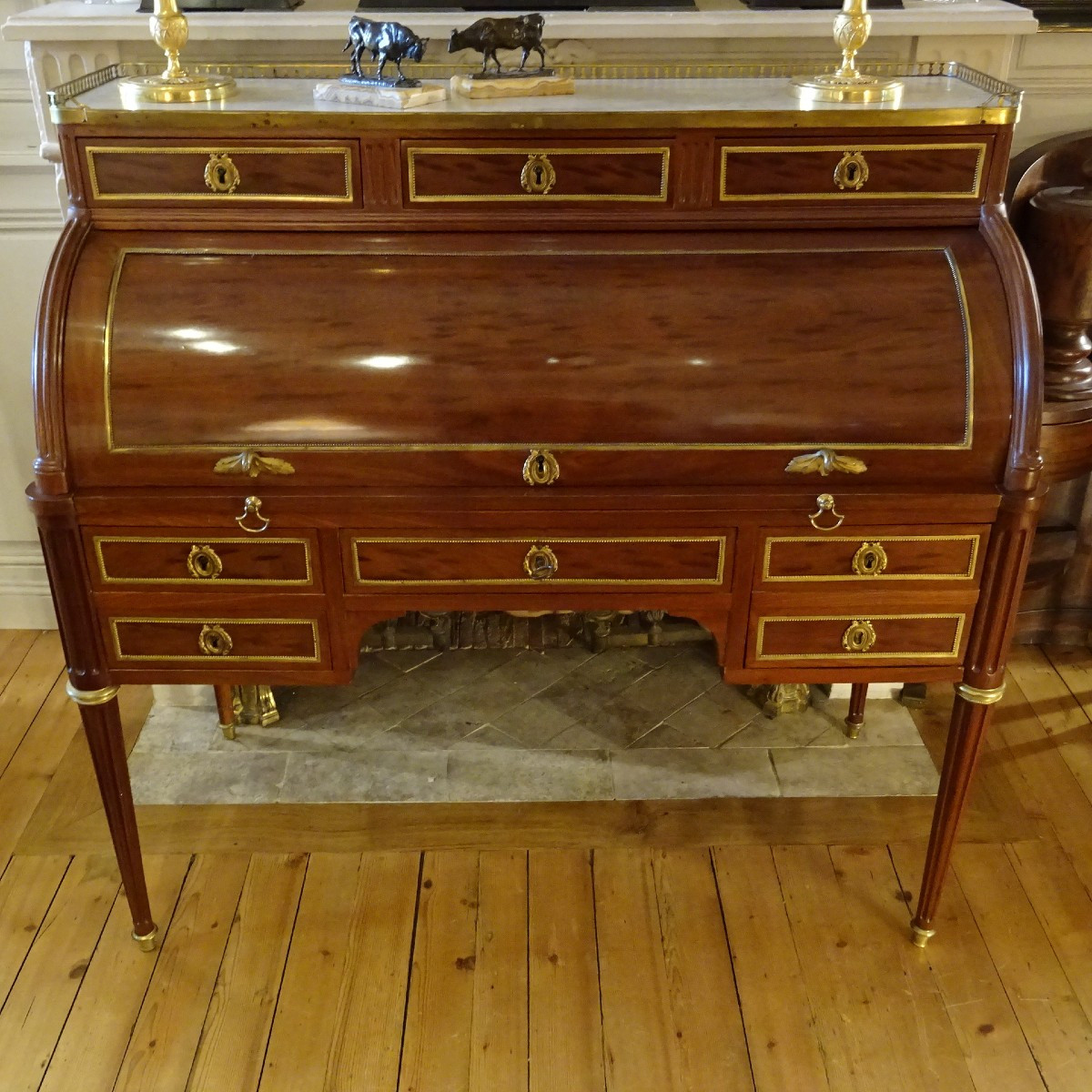 L XVI Period Speckled Mahogany Cylinder Desk Stamped Molitor-photo-2