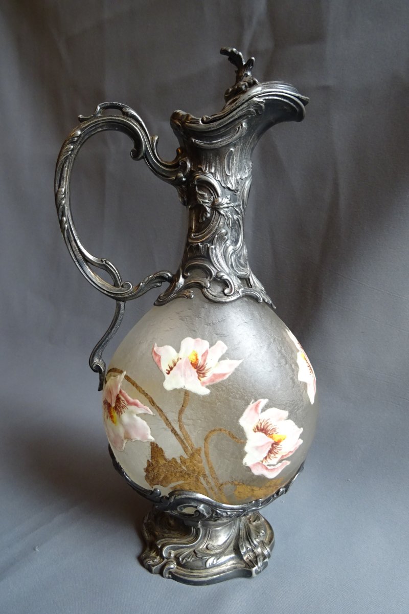 Frosted, Enameled Glass Carafe By Victor Saglier, Late 19th Century-photo-3