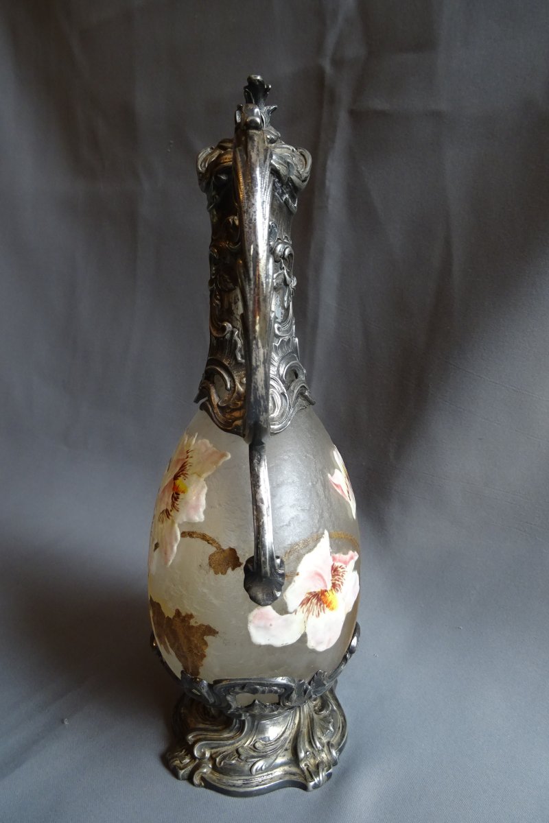 Frosted, Enameled Glass Carafe By Victor Saglier, Late 19th Century-photo-4