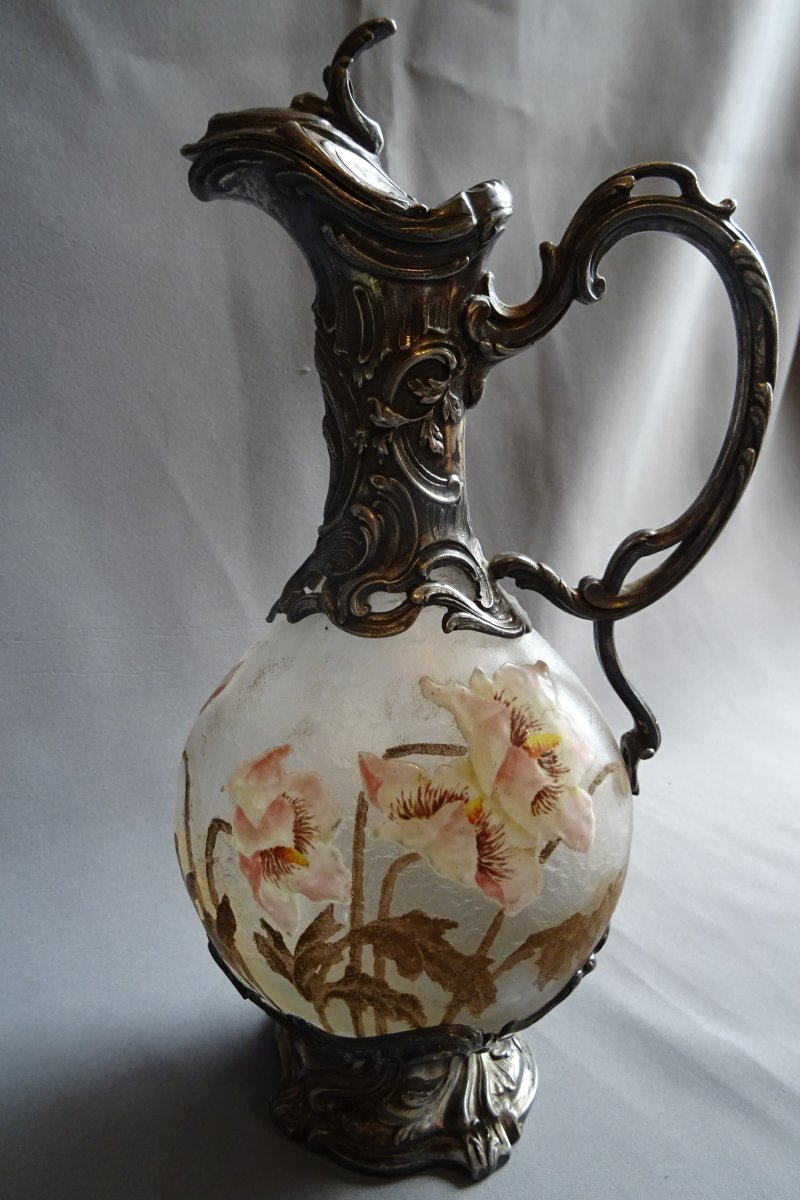 Frosted, Enameled Glass Carafe By Victor Saglier, Late 19th Century-photo-1