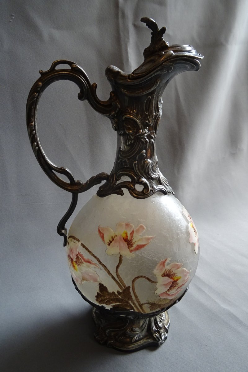 Frosted, Enameled Glass Carafe By Victor Saglier, Late 19th Century-photo-2