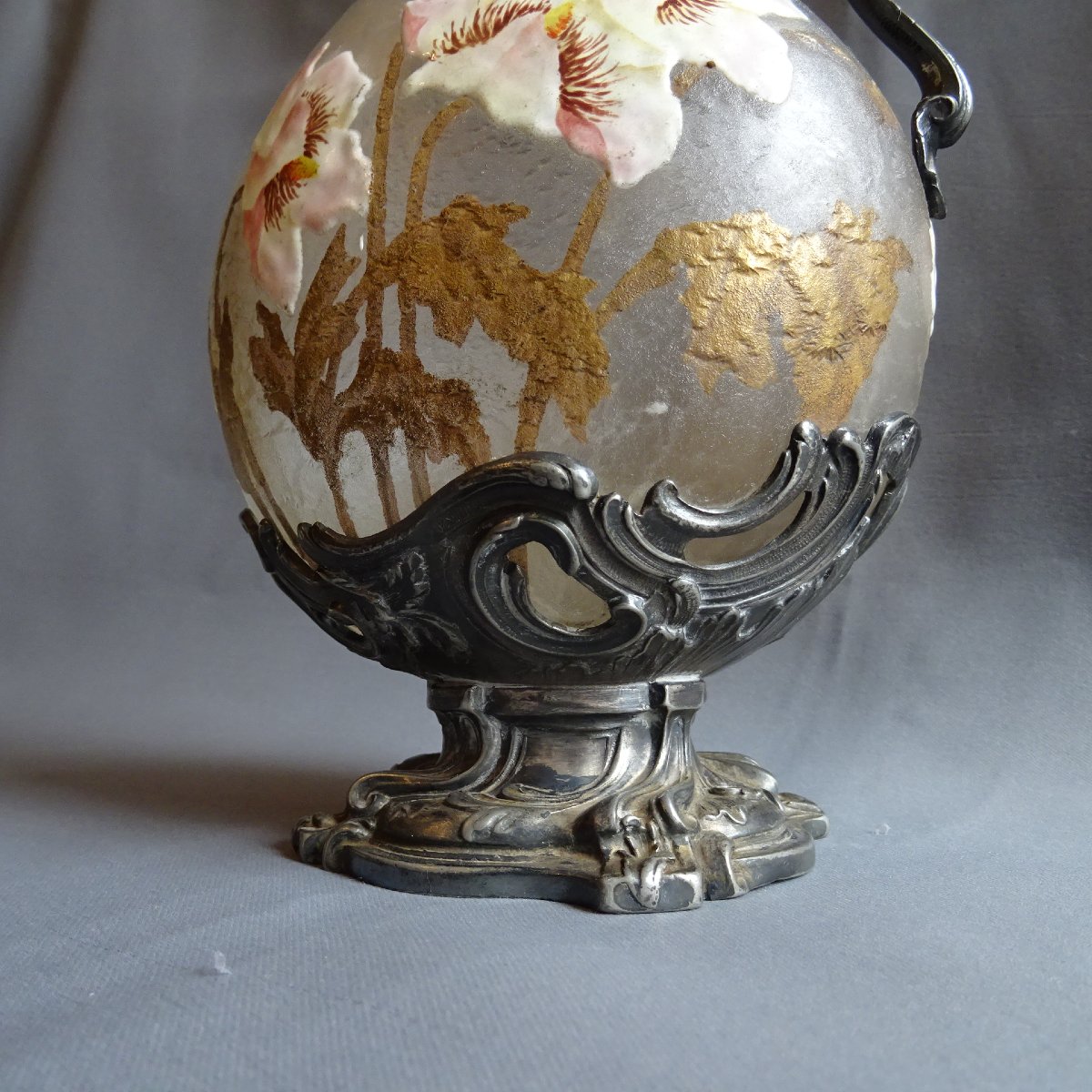 Frosted, Enameled Glass Carafe By Victor Saglier, Late 19th Century-photo-5