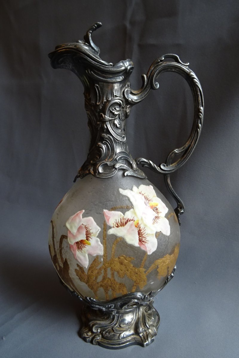 Frosted, Enameled Glass Carafe By Victor Saglier, Late 19th Century