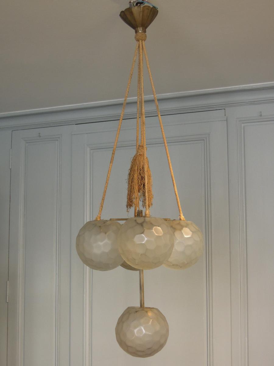 Art Deco Five-ball Frosted Glass Chandelier By Genet & Michon-photo-2