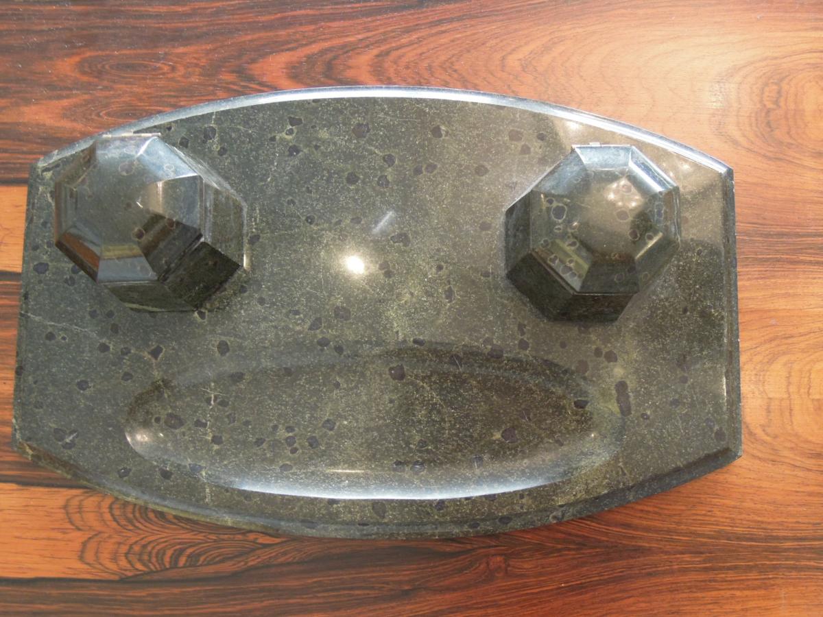 Important Brescia Verde Marble Inkwell Art Deco-photo-3