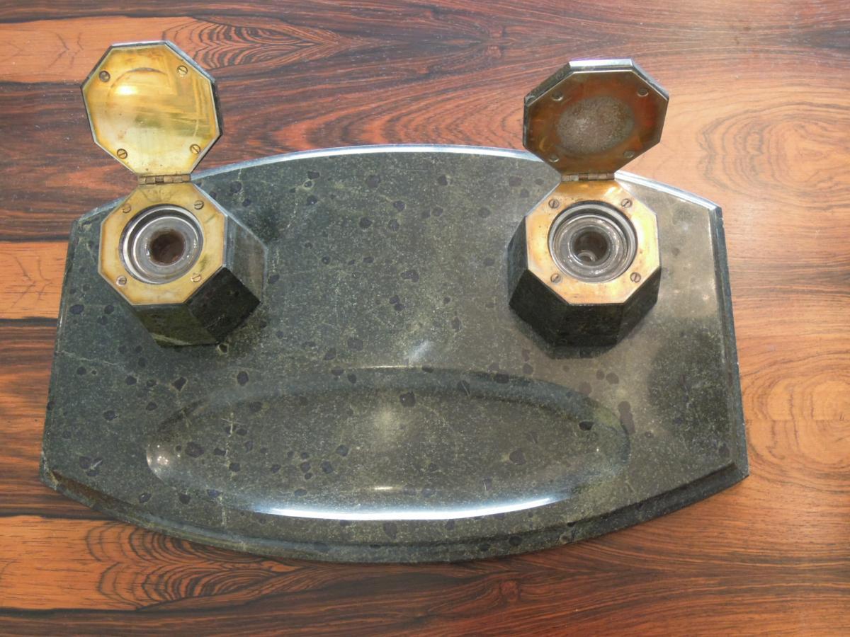 Important Brescia Verde Marble Inkwell Art Deco-photo-4