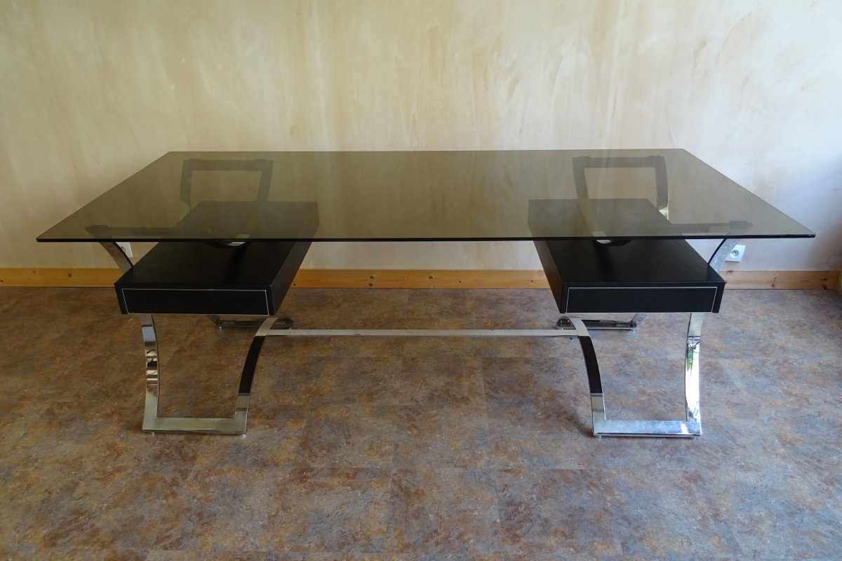 Desk In Chromed Steel And Leather Boxes France 1960 -70-photo-2