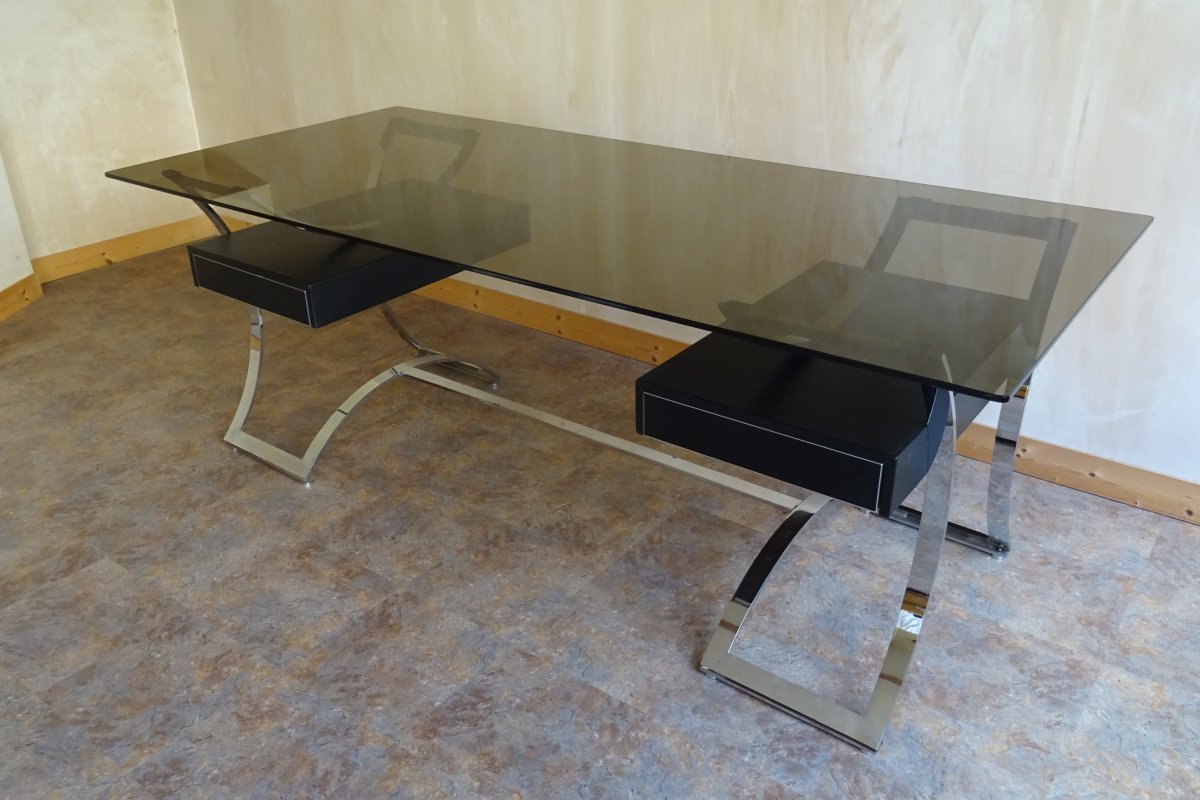 Desk In Chromed Steel And Leather Boxes France 1960 -70-photo-3